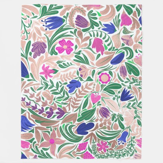 カラフルバラ金ゴールドフローラリーフイラストレーション フリースブランケット (正面)