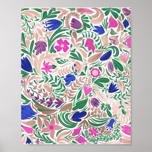 カラフルバラ金ゴールドフローラリーフイラストレーション ポスター (正面)