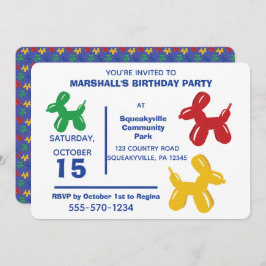 カラフルバルーンアニマル犬子供の誕生日パーティー 招待状