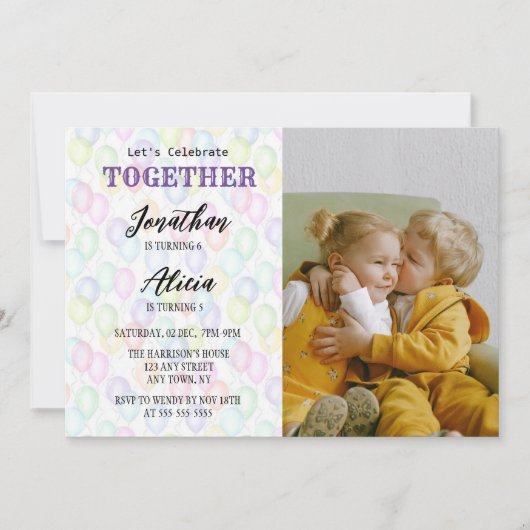 カラフルバルーンフォト共同誕生日パーティー 招待状 (正面)