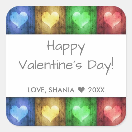 カラフルバレンタインデーの素朴ハート スクエアシール (正面)