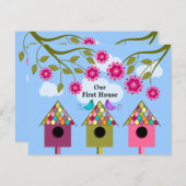カラフルバードハウスと鳥引っ越し祝いパーティーパーティー 招待状 (正面/裏面)