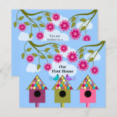 カラフルバードハウスと鳥引っ越し祝いパーティーパーティー 招待状 (正面/裏面)