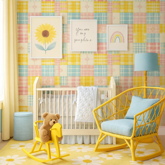 カラフルパッチワークチェック 赤ちゃんの寝室壁紙 壁紙 ( Cheerful pastel patchwork wallpaper adds playful charm and spring color to any nursery )