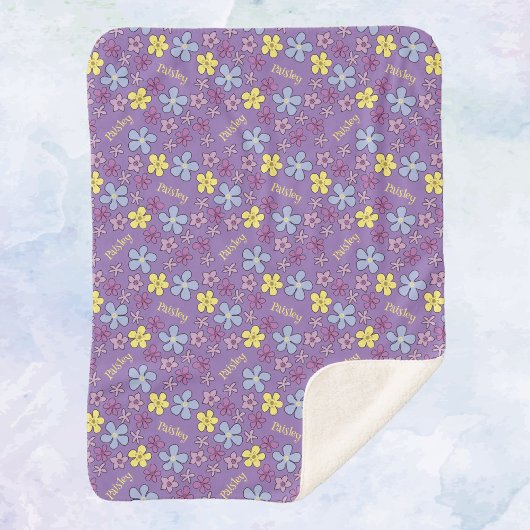 カラフルパーソナライズされた山花紫色のベビーガール シェルパブランケット