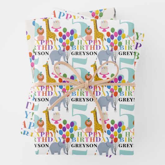 カラフルパーティー動物の風船とハッピーバースデー ラッピングペーパーシート (インサイチュ)