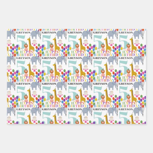 カラフルパーティー動物の風船とハッピーバースデー ラッピングペーパーシート (正面)