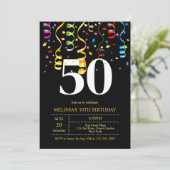 カラフルパーティー紙吹雪リボン黒誕生日 招待状 (スタンド正面)