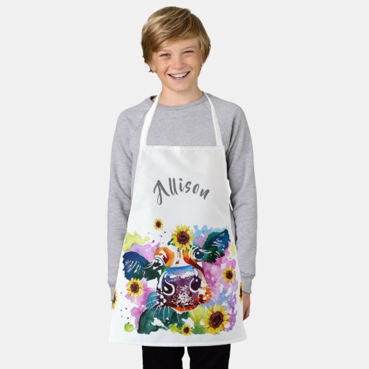 カラフルヒマワリの子ども連パーソナライズされた牛 エプロン (着用した状態)