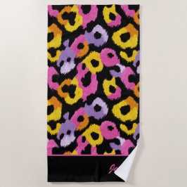 カラフルヒョウ印刷レトログモノグラムのラム名 ビーチタオル