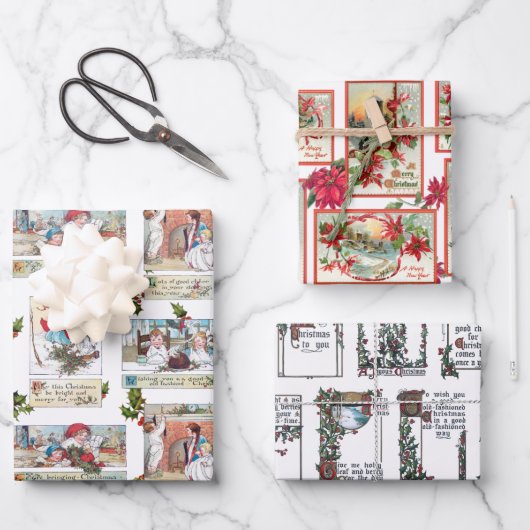 カラフルビクトリアンChristmas Card Collage ラッピングペーパーシート (正面)