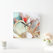 カラフルビーチの水の色絵画の貝殻 スクエア壁時計 (ホーム)