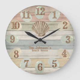 カラフルビーチウッド航海のストライプ&シーシェルL ラージ壁時計