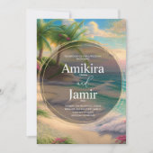 カラフルビーチバックグラウンドグリッター結婚金ゴールド 招待状 (正面)