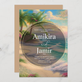 カラフルビーチバックグラウンドグリッター結婚金ゴールド 招待状