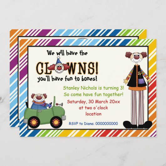 カラフルピエロストライプの子供の誕生日招待状 招待状 (正面/裏面)