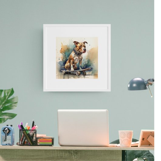 カラフルピットブルがスケートボードに座っている ポスター