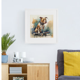 カラフルピットブルがスケートボードに座っている ポスター