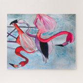 カラフルピンクのフラミンゴ水彩画 ジグソーパズル (横)