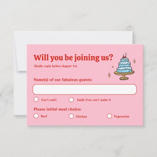 カラフルピンクの手ファンキー引き書の結婚値 出欠カード (正面)