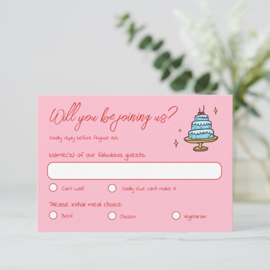 カラフルピンクの手ファンキー引き書の結婚値 出欠カード (スタンド正面)