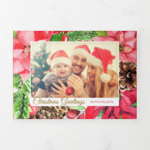 カラフルピンクポインセチアとパイン写真 三つ折りクリスマスカード (カバー)