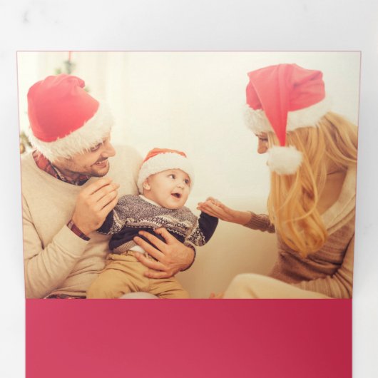 カラフルピンクポインセチアとパイン写真 三つ折りクリスマスカード (内部最初)