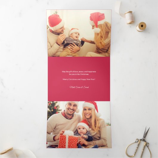 カラフルピンクポインセチアとパイン写真 三つ折りクリスマスカード (内部)