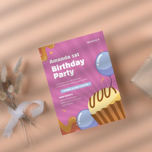 カラフルピンク1歳の招待状 招待状