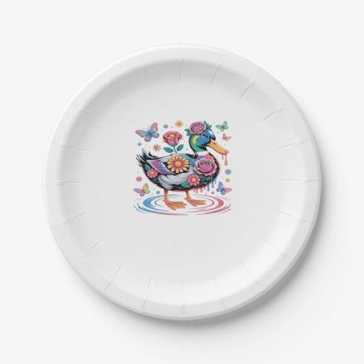 カラフルファンタジーアヒル（花と蝶） ペーパープレート (正面)