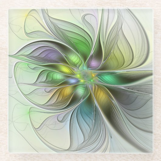 カラフルファンタジーフラワーモダン抽象芸術フラクタル ガラスコースター (正面)