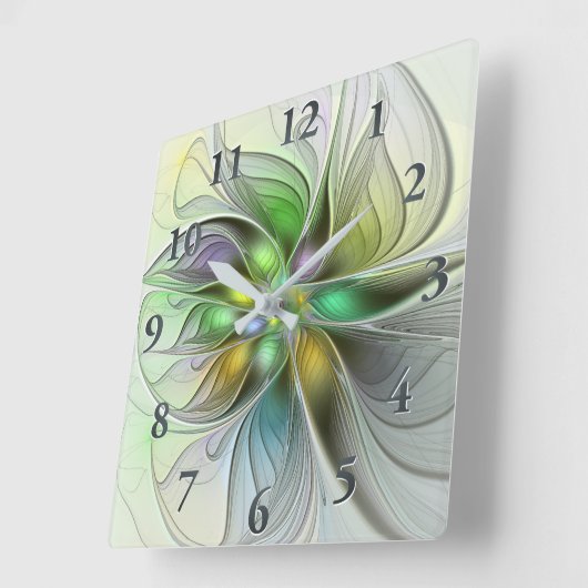 カラフルファンタジーフラワーモダン抽象芸術フラクタル スクエア壁時計 (傾斜)