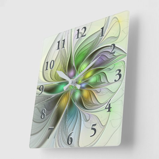 カラフルファンタジーフラワーモダン抽象芸術フラクタル スクエア壁時計 (傾斜)