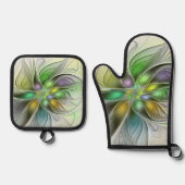 カラフルファンタジーフラワーモダン抽象芸術フラクタル 鍋つかみ&鍋敷きセット (正面)