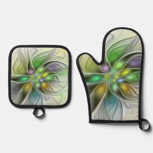 カラフルファンタジーフラワーモダン抽象芸術フラクタル 鍋つかみ&鍋敷きセット (正面)