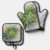 カラフルファンタジーフラワーモダン抽象芸術フラクタル 鍋つかみ&鍋敷きセット (正面/裏面)