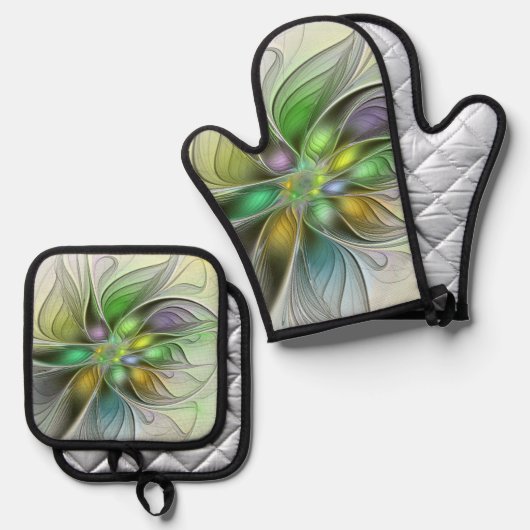 カラフルファンタジーフラワーモダン抽象芸術フラクタル 鍋つかみ&鍋敷きセット (正面/裏面)