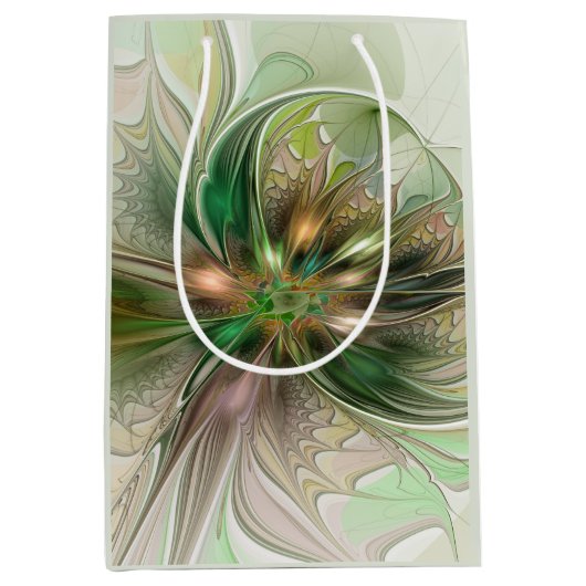 カラフルファンタジーモダン抽象芸術フラクタル花 ミディアムペーパーバッグ (正面)