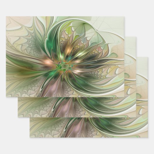 カラフルファンタジーモダン抽象芸術フラクタル花 ラッピングペーパーシート (セット)