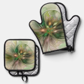 カラフルファンタジーモダン抽象芸術フラクタル花 鍋つかみ&鍋敷きセット (正面/裏面)