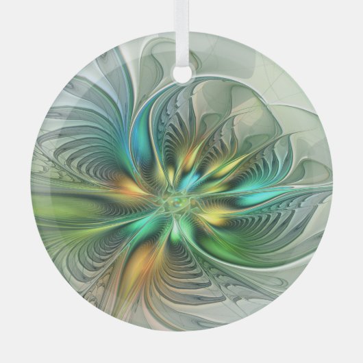 カラフルファンタジーモダン抽象芸術フラワーフラクタル ガラスオーナメント (正面)