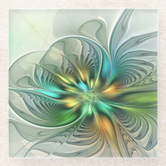 カラフルファンタジーモダン抽象芸術フラワーフラクタル ガラスコースター (正面)