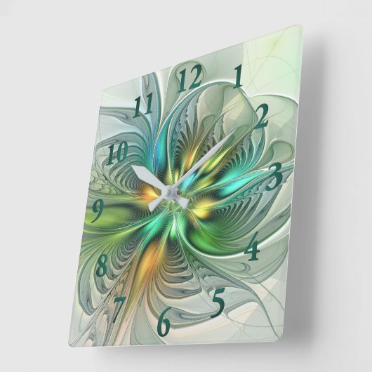 カラフルファンタジーモダン抽象芸術フラワーフラクタル スクエア壁時計 (傾斜)