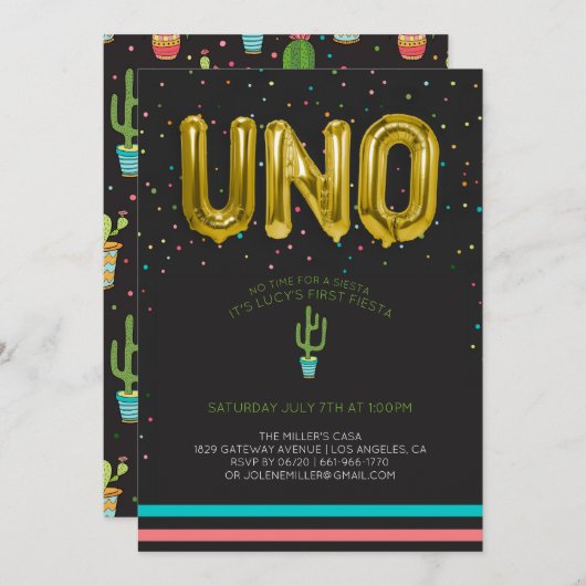 カラフルファーストフィエスタバースデー | ウノバルーンズ 招待状 (正面/裏面)