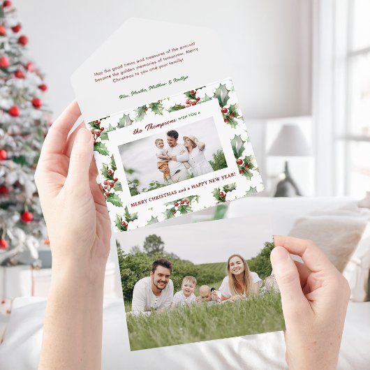 カラフルフェスティバルはっきりしたのChristmas Holly写真 オールインワン招待状