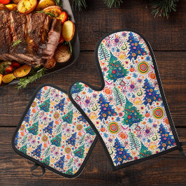 カラフルフェスティバルツリーパターン 鍋つかみ&鍋敷きセット