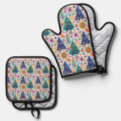 カラフルフェスティバルツリーパターン 鍋つかみ&鍋敷きセット (正面/裏面)