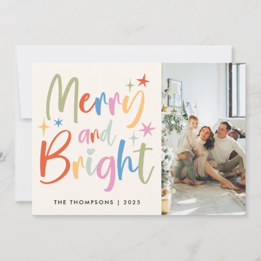 カラフルフェスティバルメリーと明るい写真クリスマス シーズンカード (正面)