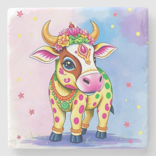 カラフルフェスティバル変装の聖ディワリ牛 ストーンコースター (正面)