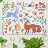 カラフルフォークアニマルウッドランドフローラウサギキツネ キッチンタオル (折り畳み)